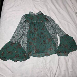 Free People Blouse Womens Extra Small Green Floral Boho Bell Sleeve Sheer Top